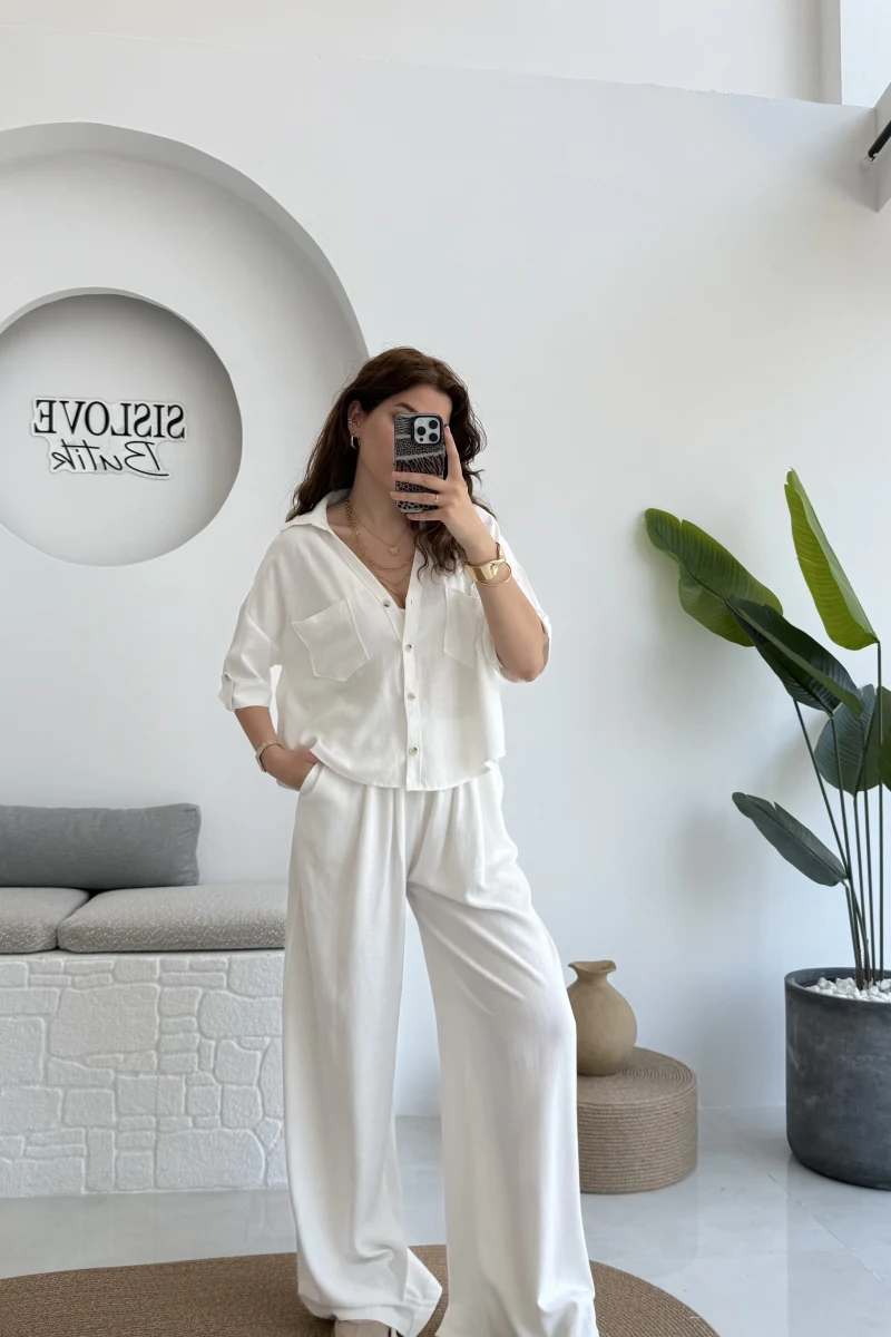 Aloe Yarım Kol Cepli Gömlek Pantolon Takım - Beyaz