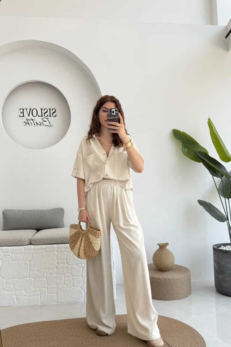 Aloe Yarım Kol Cepli Gömlek Pantolon Takım - Natural