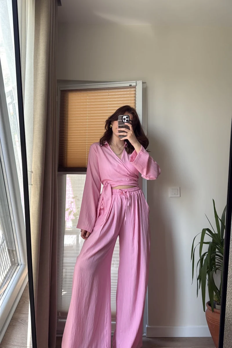 Amalfia Kısa Bağlamalı Gofre Takım Pembe