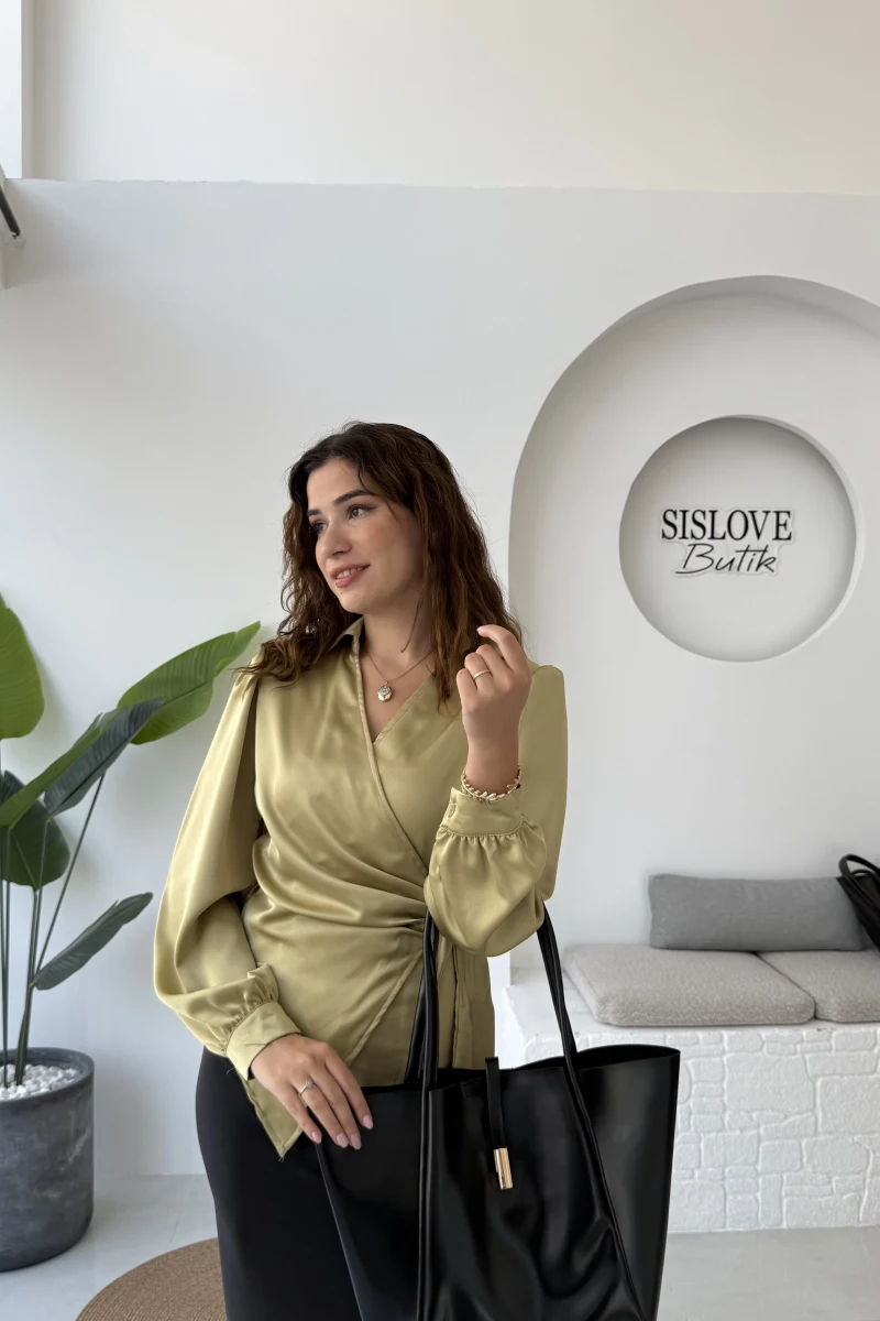 Amanda Bağlamalı Saten Gömlek - Yağ Yeşili - Kod: 2134