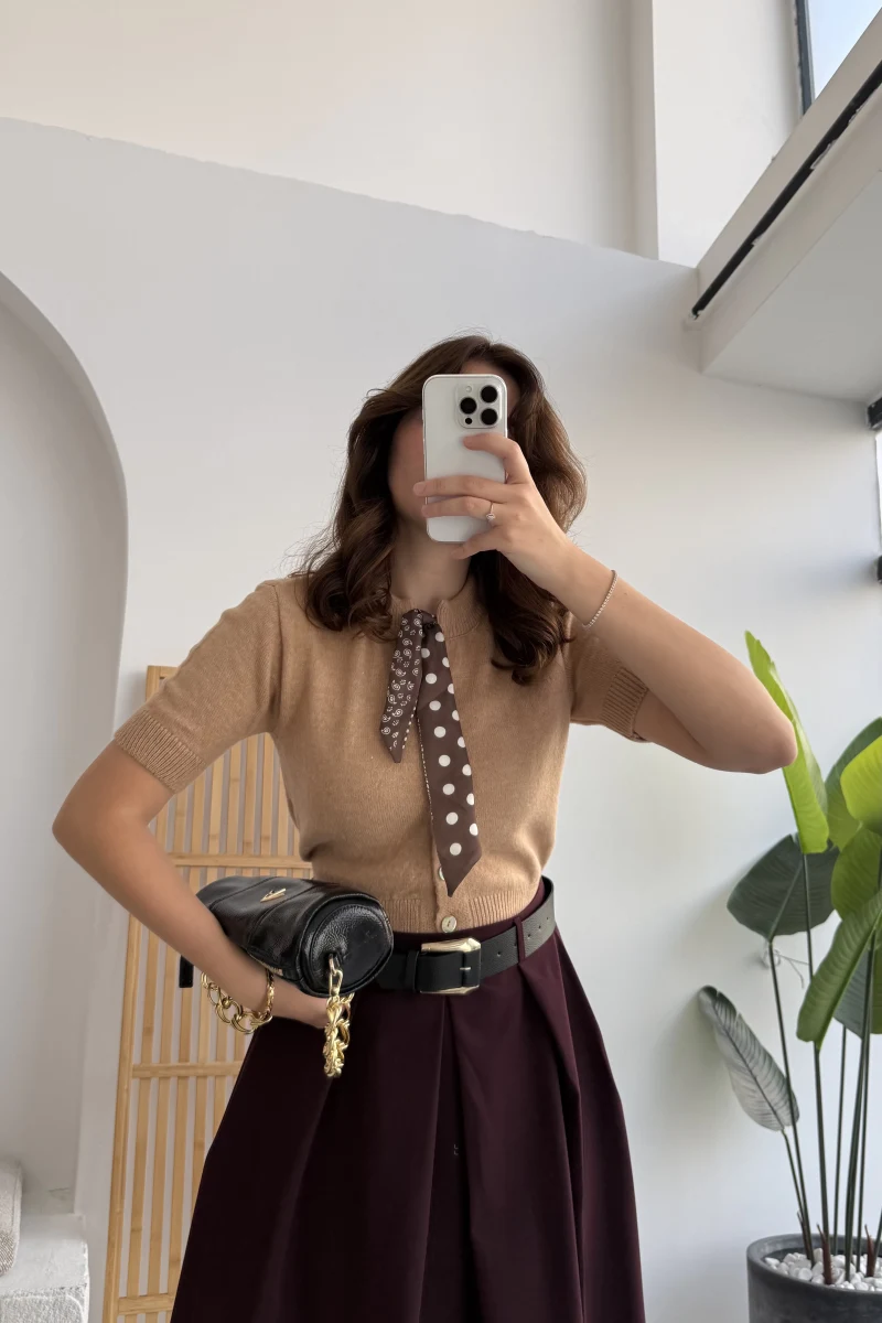 Amelia Fularlı CROP Hırka - Camel - Kod: 4561