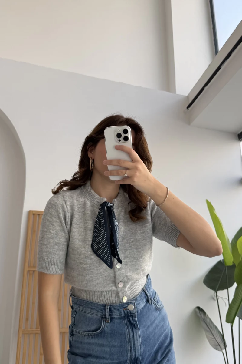 Amelia Fularlı CROP Hırka - Gri - Kod: 4561