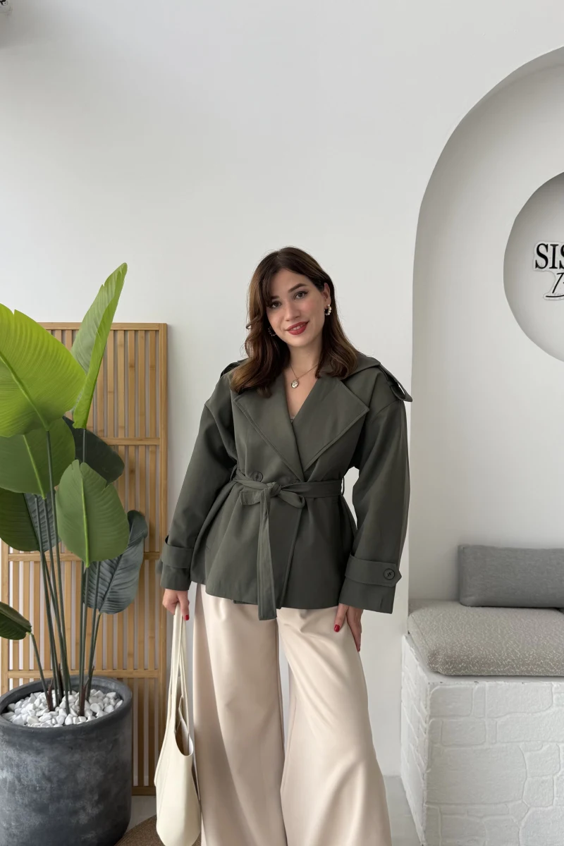 Anastasia Kuşaklı Kısa Trençkot - Haki - Kod: 9609