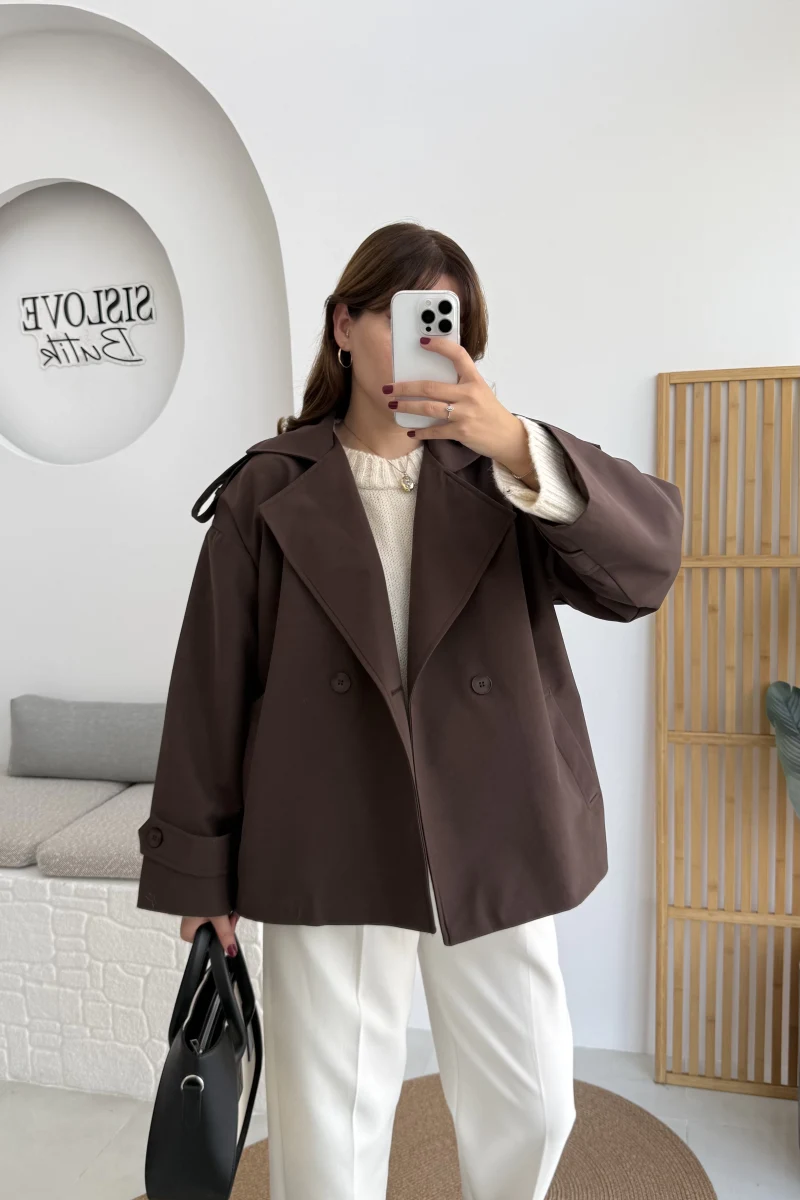 Anastasia Kuşaklı Kısa Trençkot - Kahve - Kod: 9609