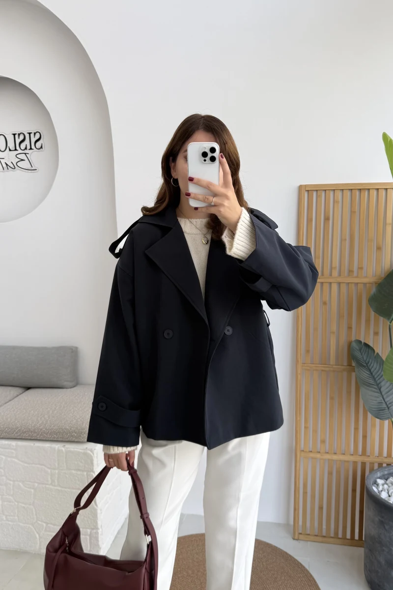 Anastasia Kuşaklı Kısa Trençkot - Lacivert - Kod: 9609