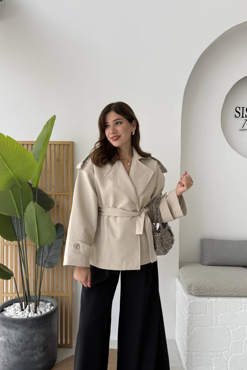 Anastasia Kuşaklı Kısa Trençkot - Taş - Kod: 9609