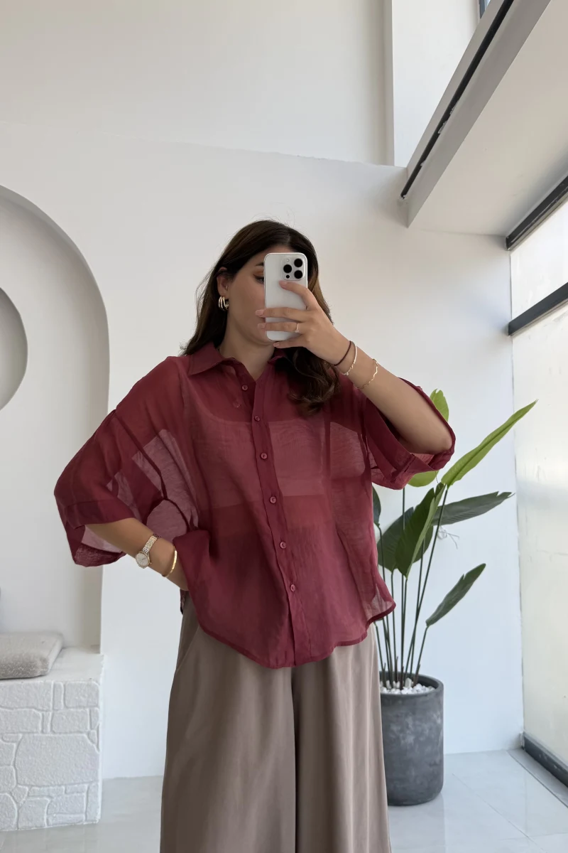 Andora Oversize İpeksi Gömlek - Bordo - Kod: 4927
