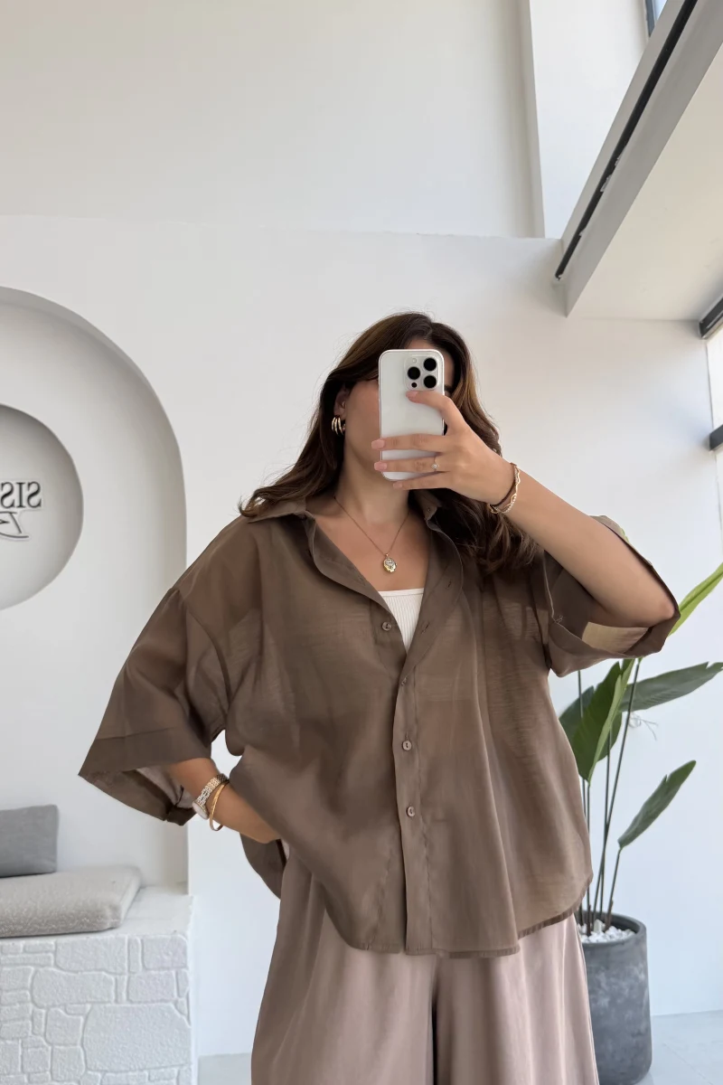 Andora Oversize İpeksi Gömlek - Kahve - Kod: 4927