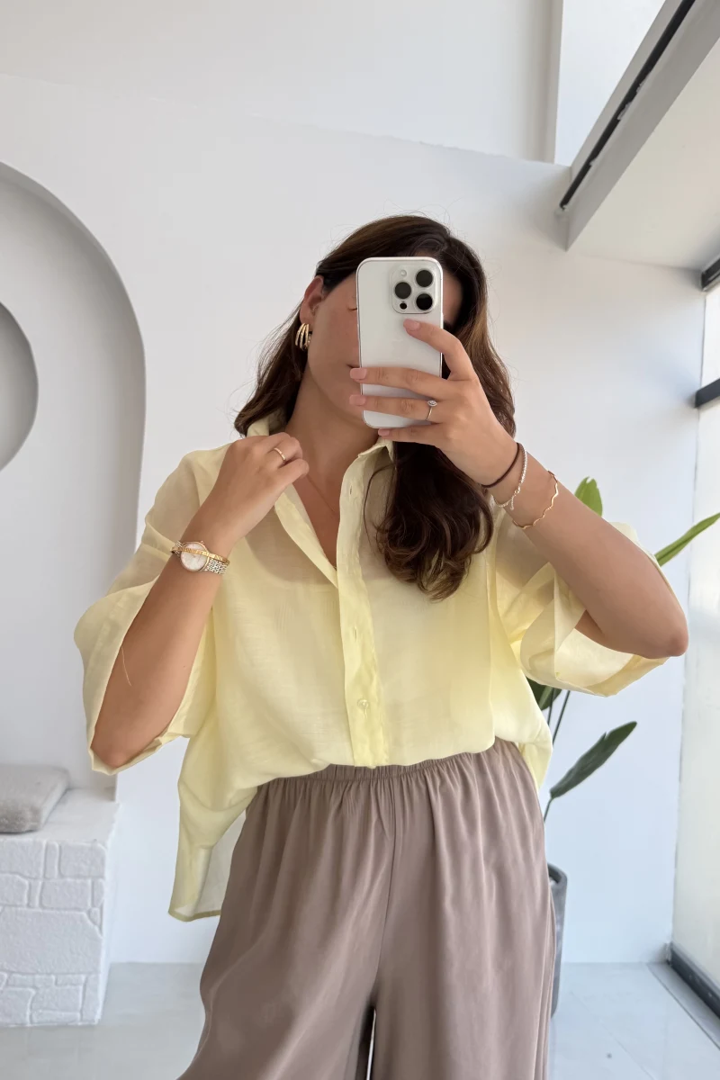 Andora Oversize İpeksi Gömlek - Sarı - Kod: 4927