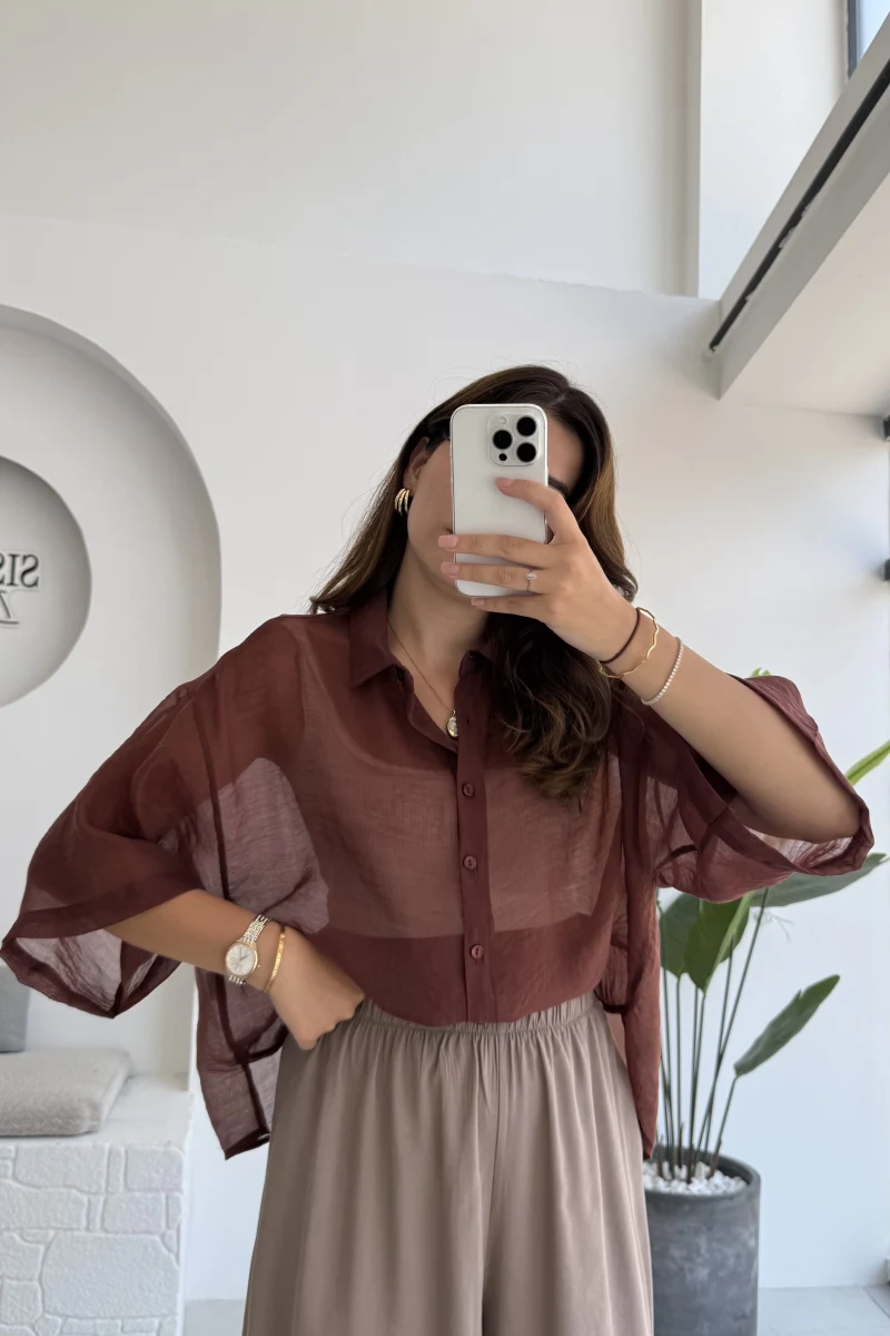 Andora Oversize İpeksi Gömlek - Tarçın - Kod: 4927