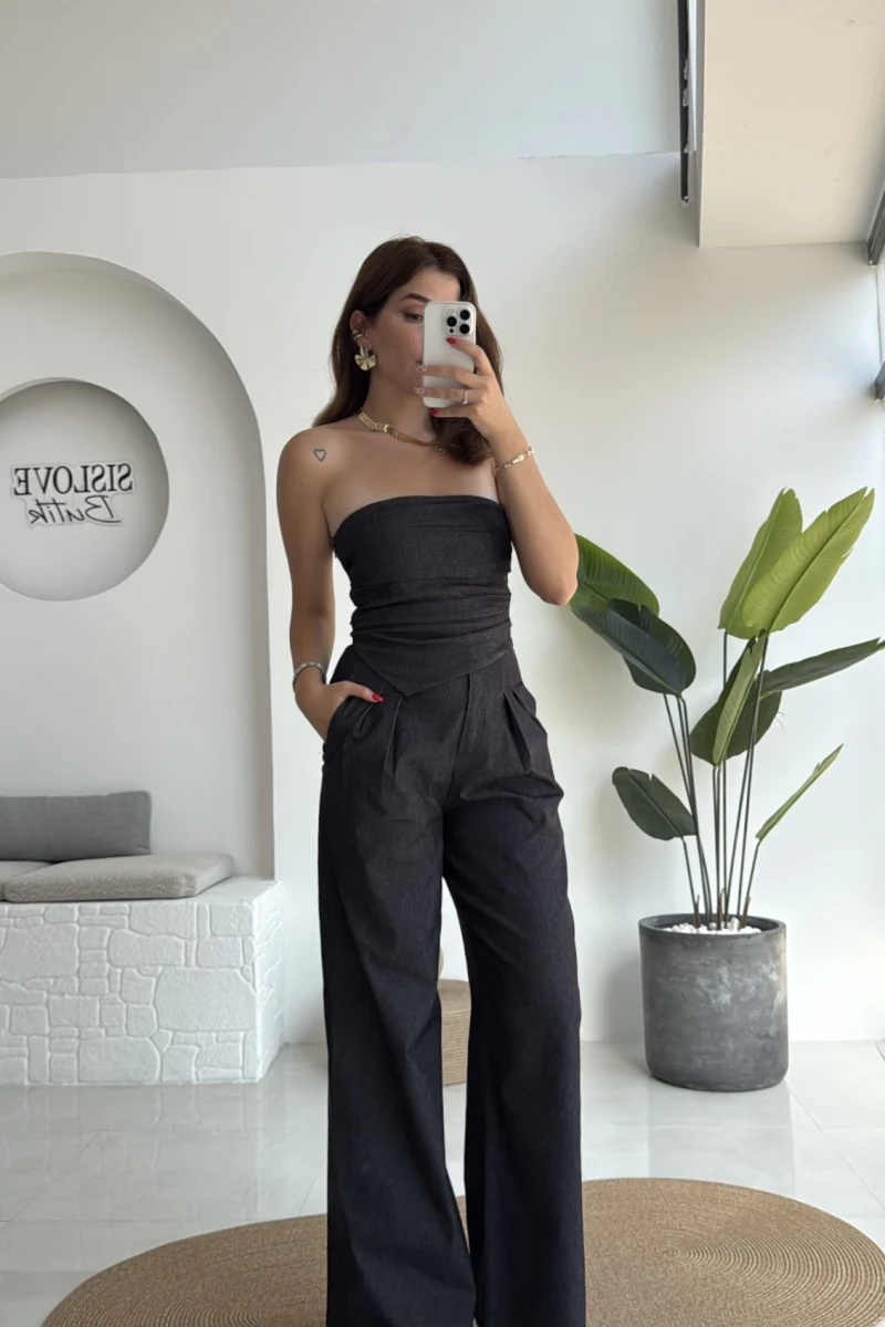 Angela Denim Straplez Bluz Pantolon Takım - 2025148