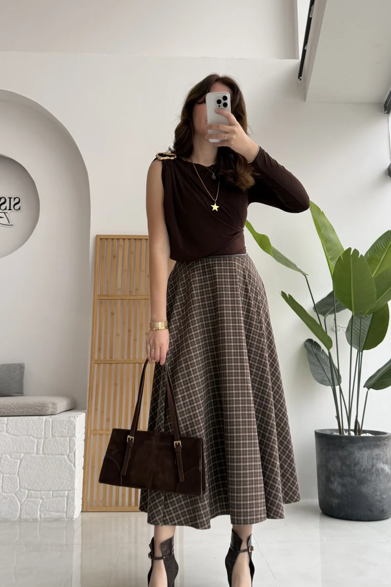 Angelina Beli Deri Detaylı Ekose Etek - Kahve-Yeşil