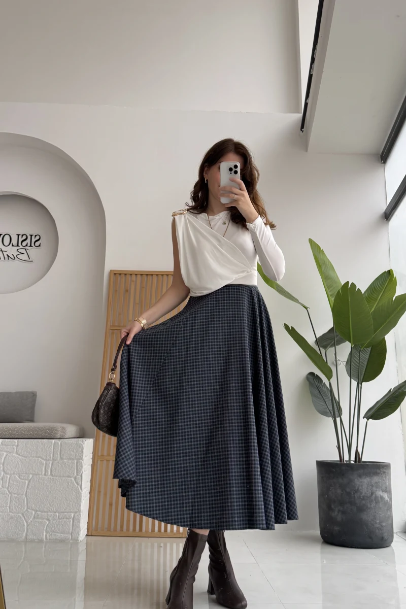 Angelina Beli Deri Detaylı Ekose Etek - Lacivert-Gri