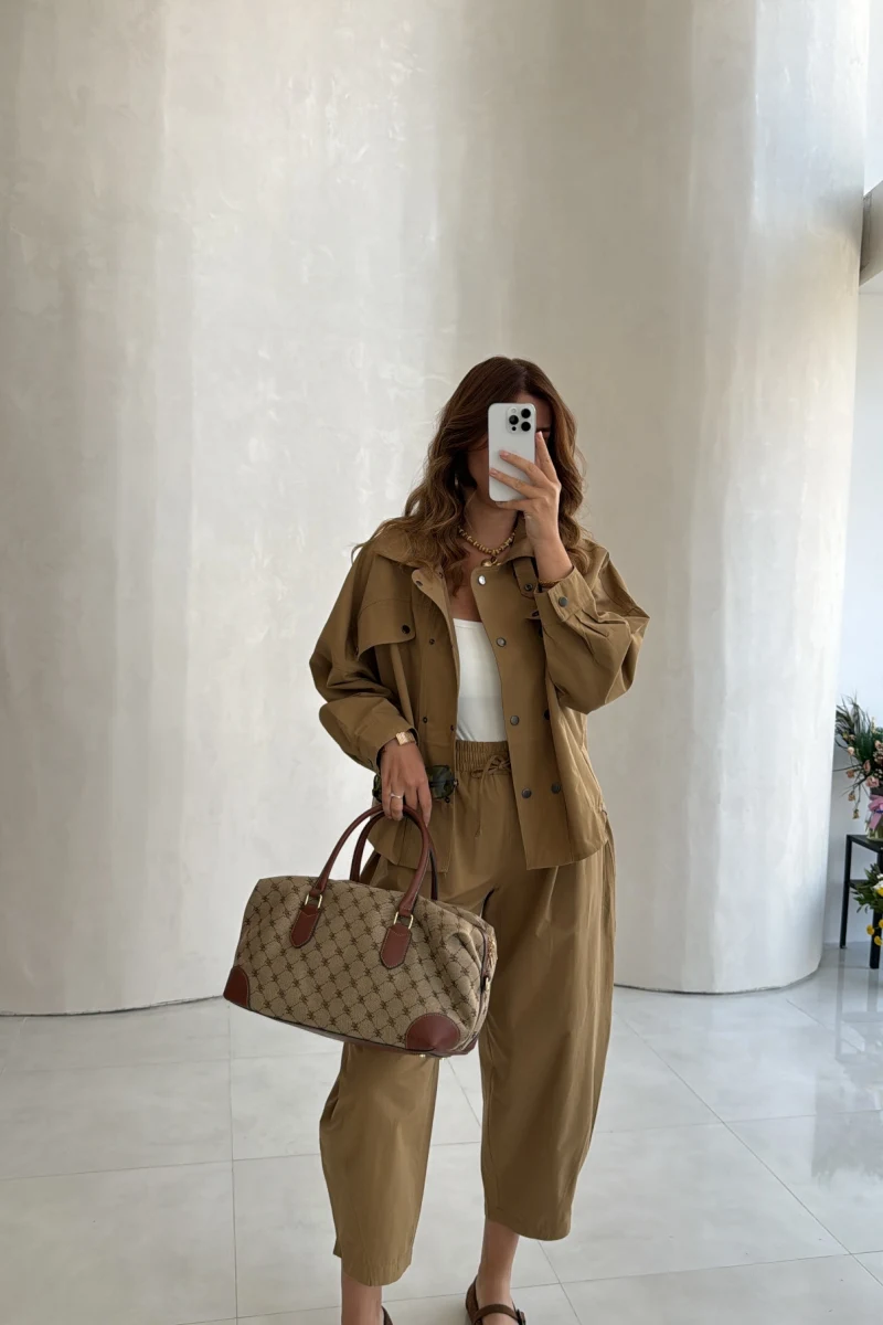 Angelina Çıtçıtlı Ceket Pantolon Takım - Camel - Kod: 51460