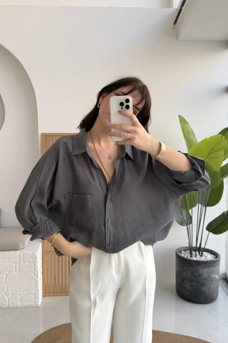 Antrasit Oversize Tensel Gömlek - Kod: 4612