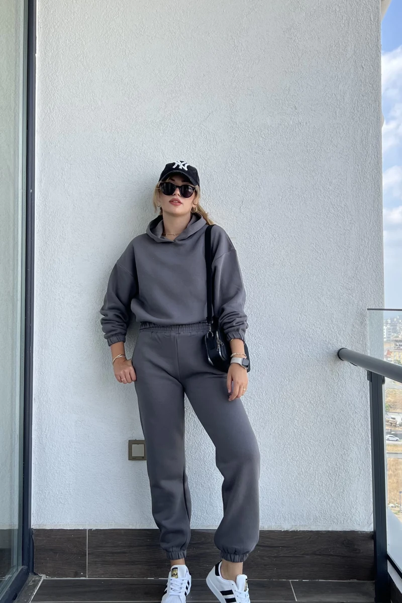 Antrasit Polarlı Kapüşonlu Eşofman Takımı