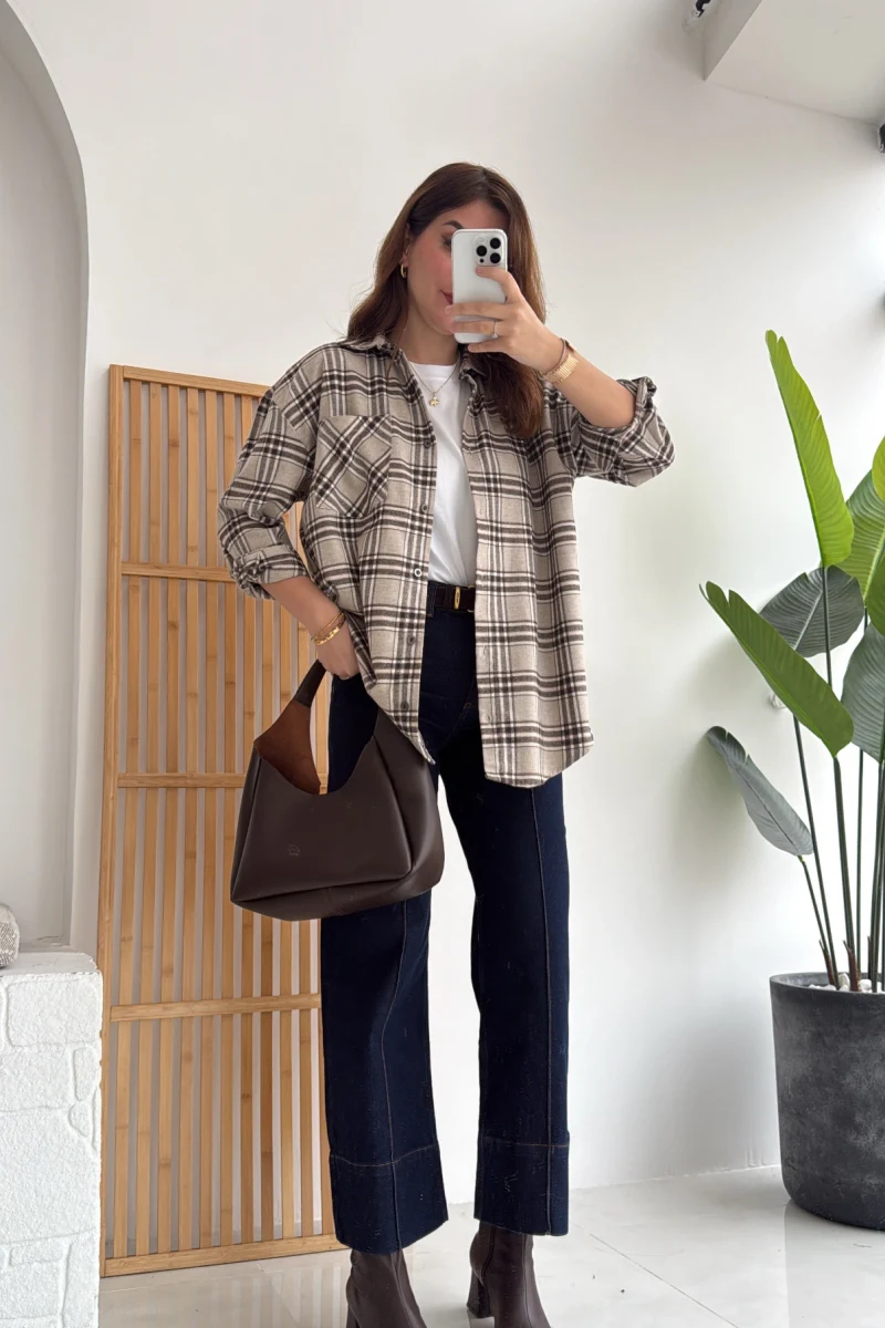 April Ekose Desenli Tek Cepli Gömlek - Bej