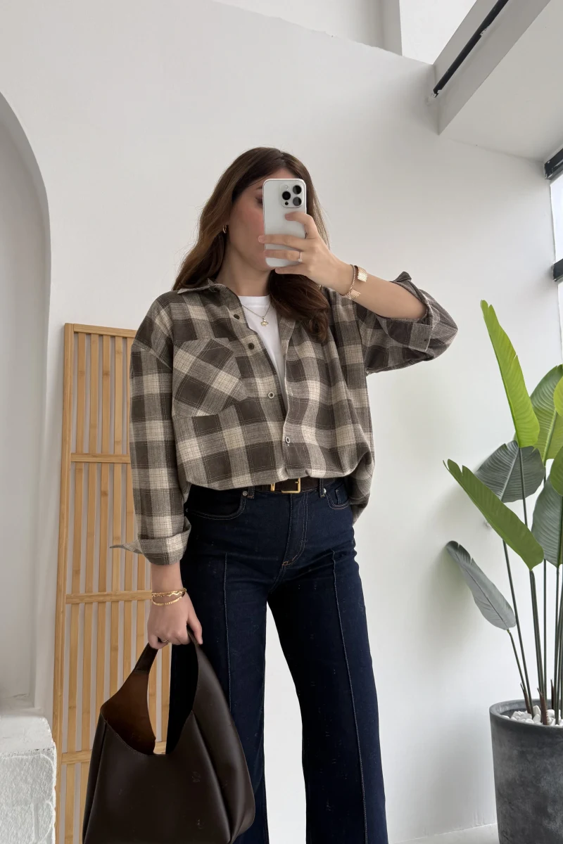 April Ekose Desenli Tek Cepli Gömlek - Kahverengi