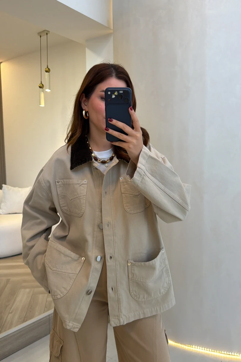 Ara Boy Kadife Yaka Denim Ceket - Bej