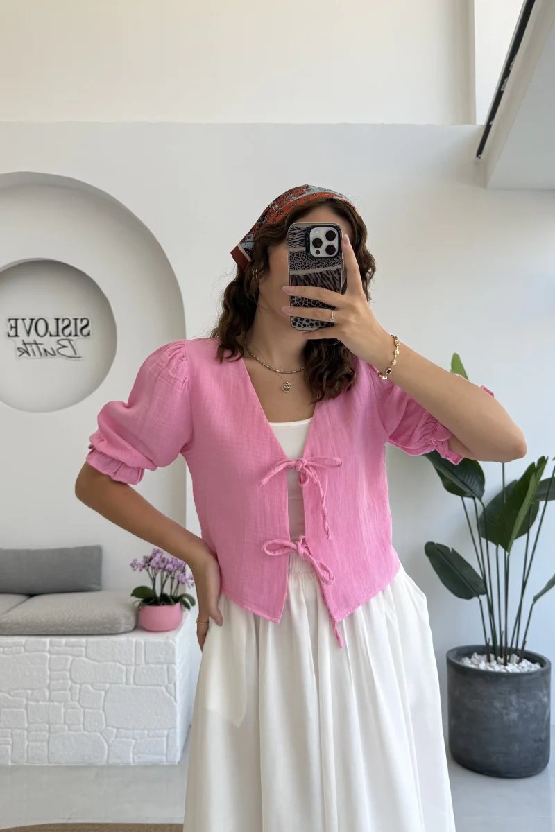 1017 - Arin Kolu Lastik Detay Bluz - Şeker Pembesi