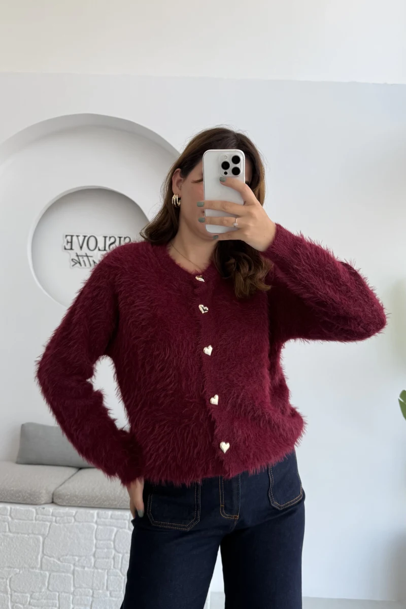 Arjana Kalp Düğmeli Sakallı Hırka - Bordo - Kod: 25502