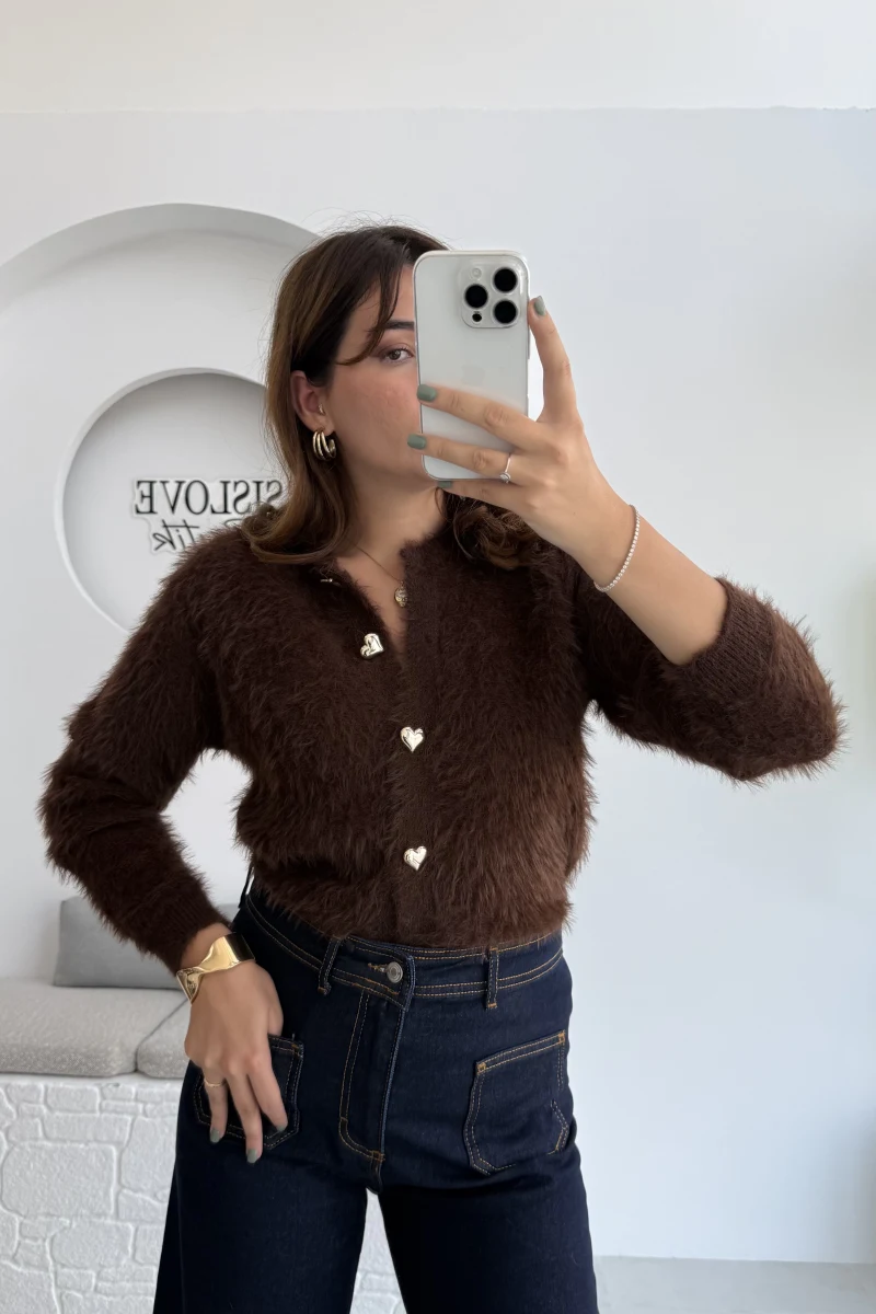 Arjana Kalp Düğmeli Sakallı Hırka - Kahverengi - Kod: 25502