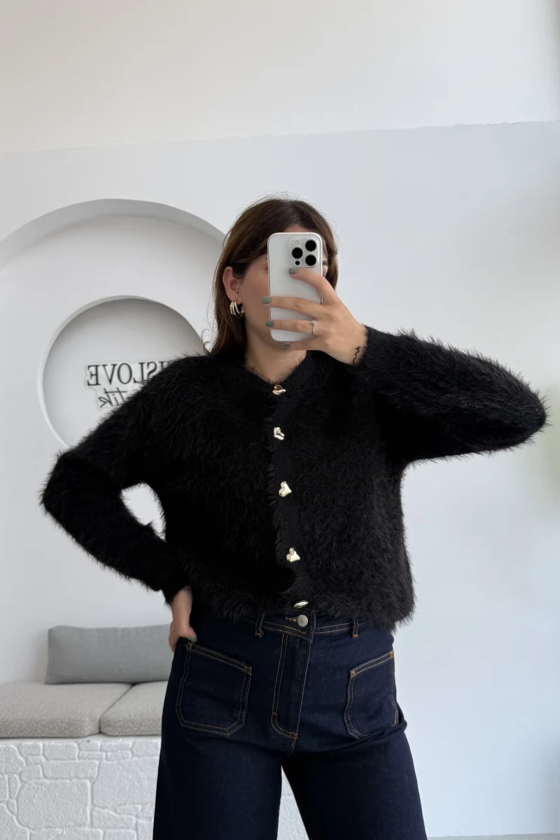 Arjana Kalp Düğmeli Sakallı Hırka - Siyah - Kod: 25502