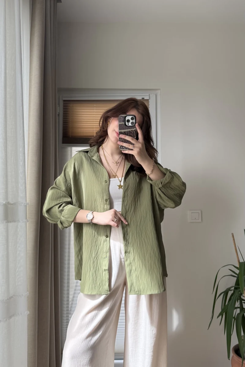 Arkası İp Detay Gömlek Haki