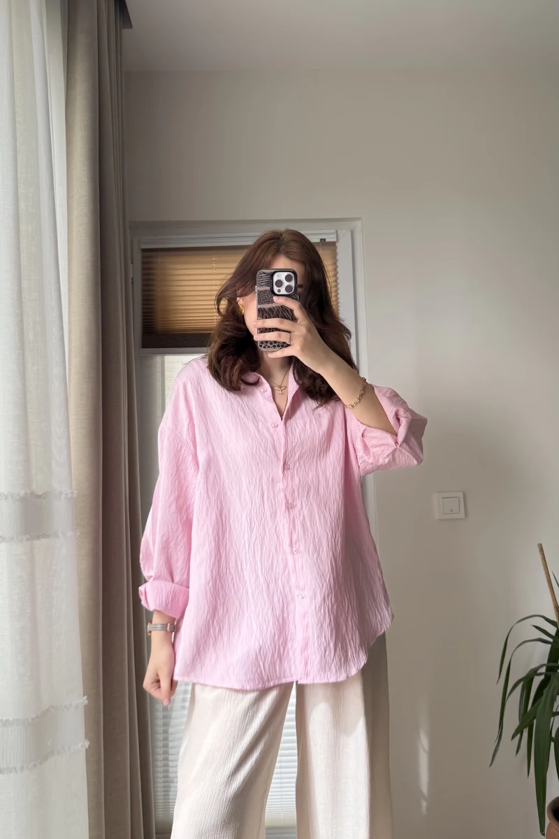 Arkası İp Detay Gömlek Pembe