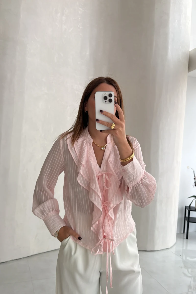 Arya Bağlamalı Fırfırlı Bluz - Pembe - Kod: 1098
