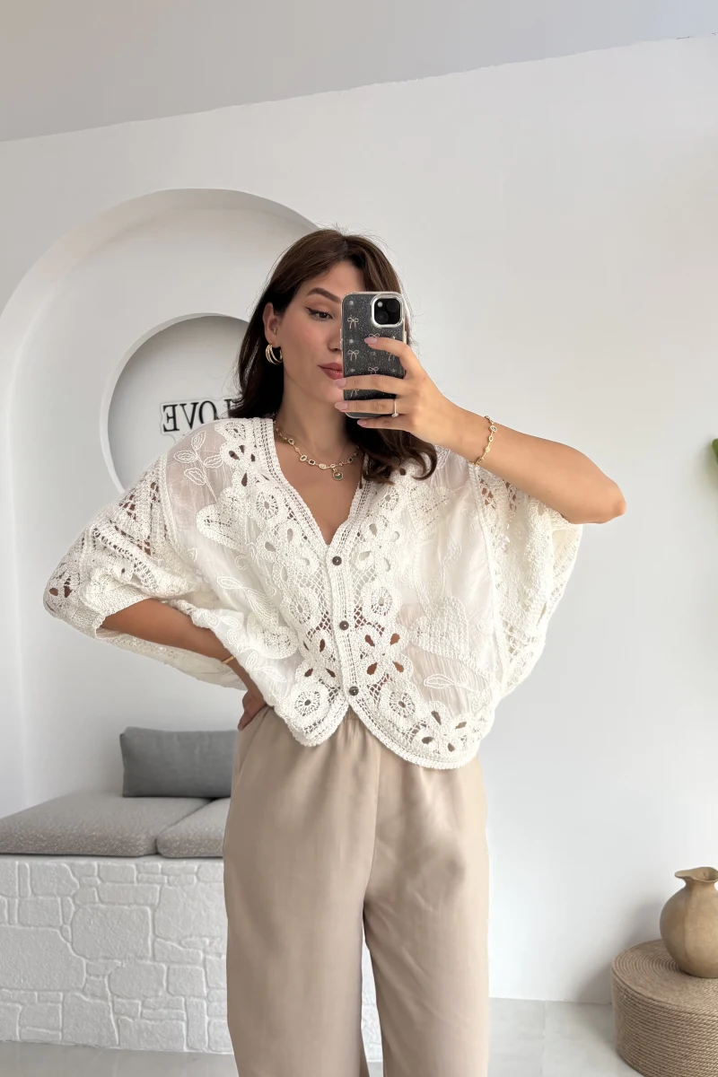 Arya Dantel Detay Kimono - Kırık Beyaz - 38866