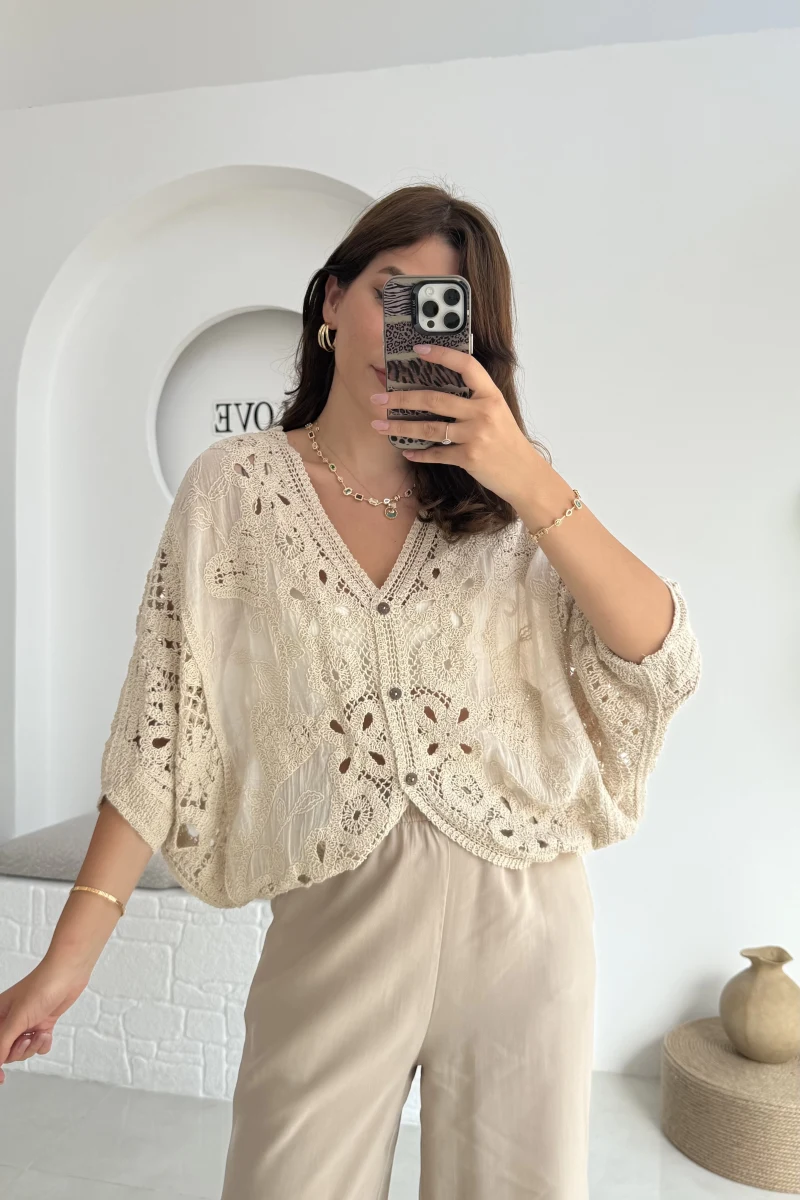 Arya Dantel Detay Kimono - Natural - 38866
