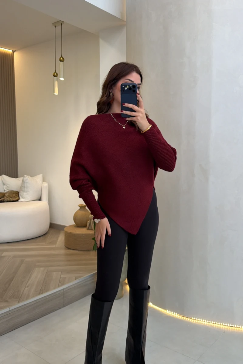 Asimetrik Kesim Triko Kazak - Bordo