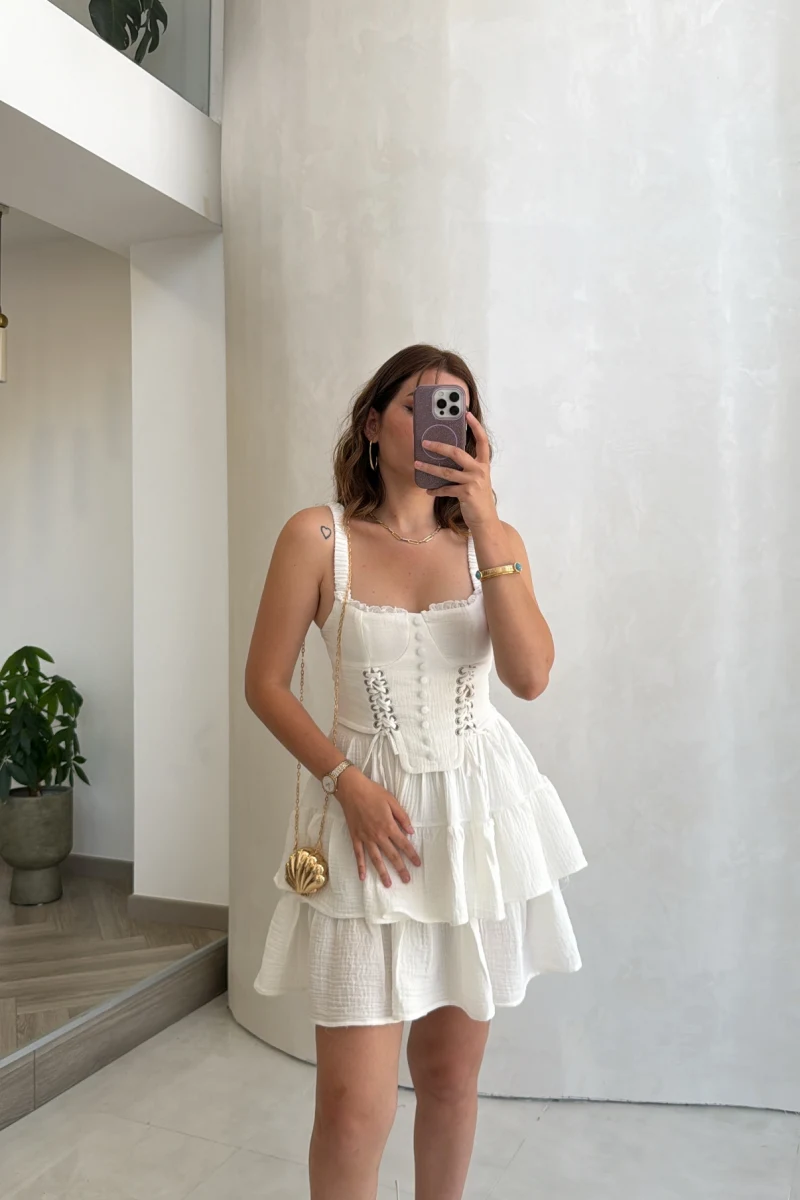 Askılı Beli Gipeli Korse Mini Elbise - Beyaz - Kod: 930