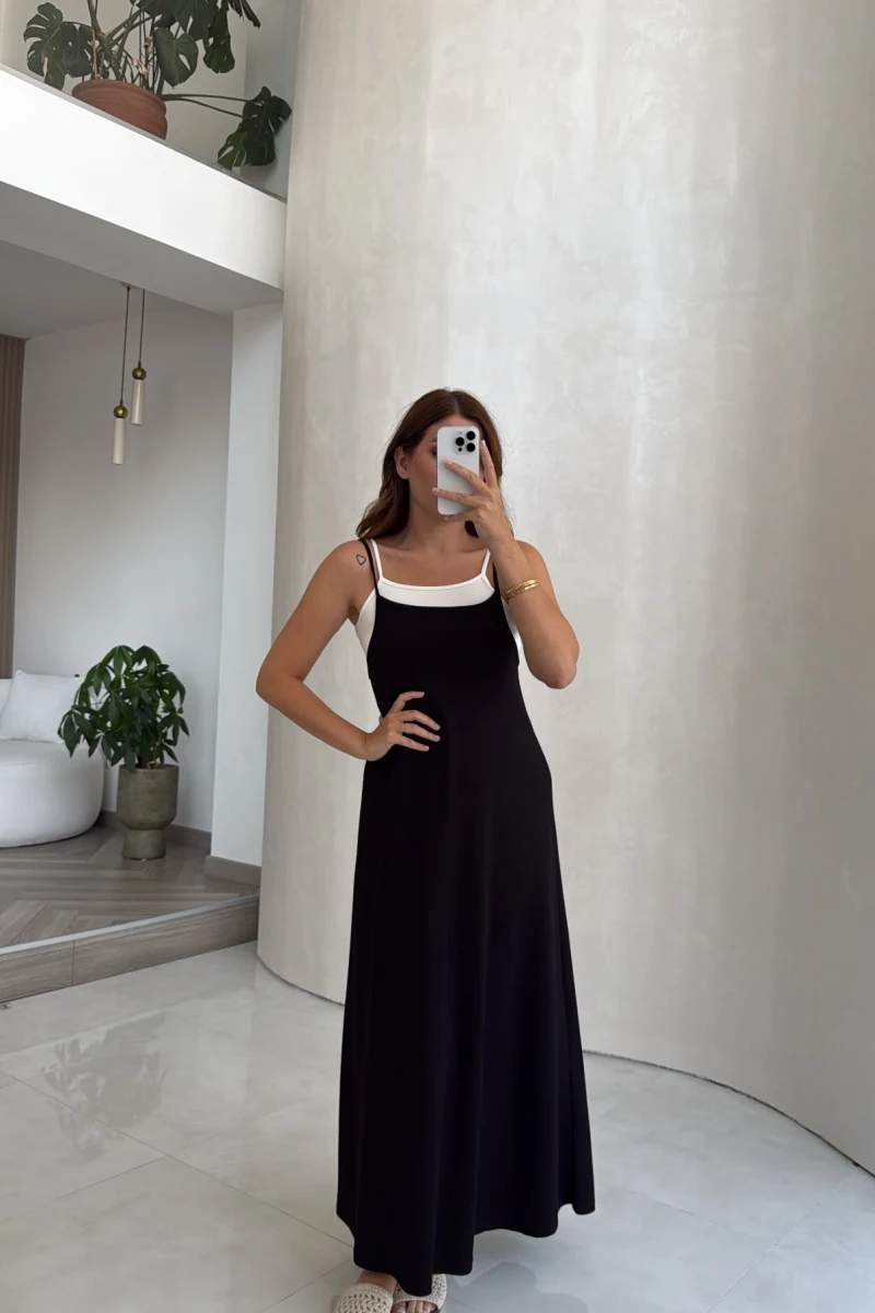 Askılı Body Detaylı Garnili Elbise - Siyah - Kod: 4171