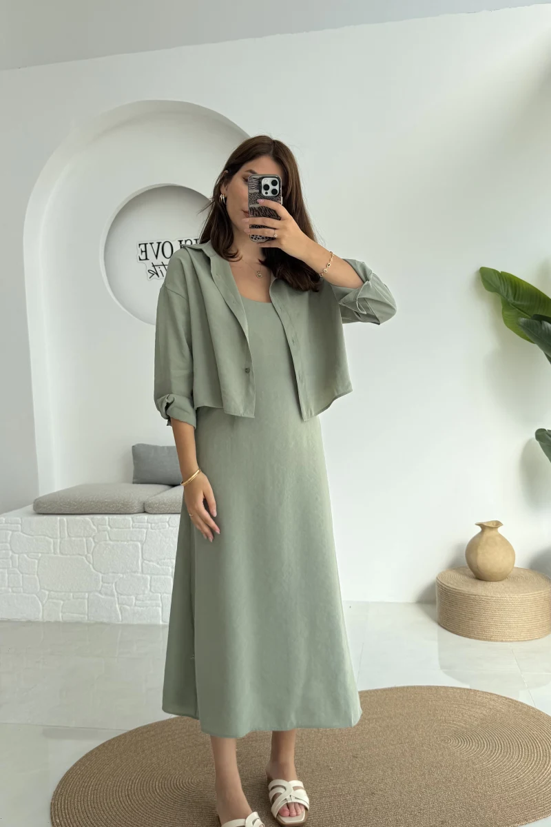 Askılı Gömlek Elbise Takım - 51153 - Çağla Yeşili