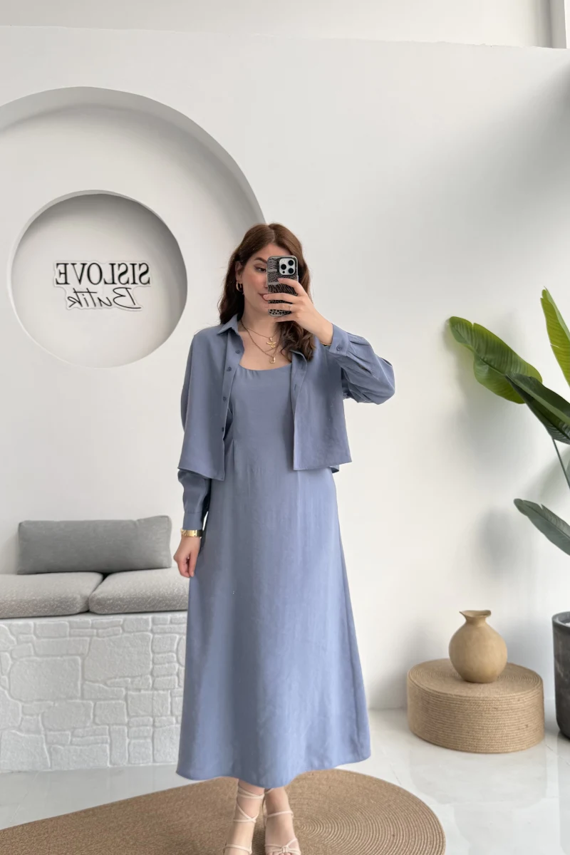 Askılı Gömlek Elbise Takım - 51153 - Gri-Mavi