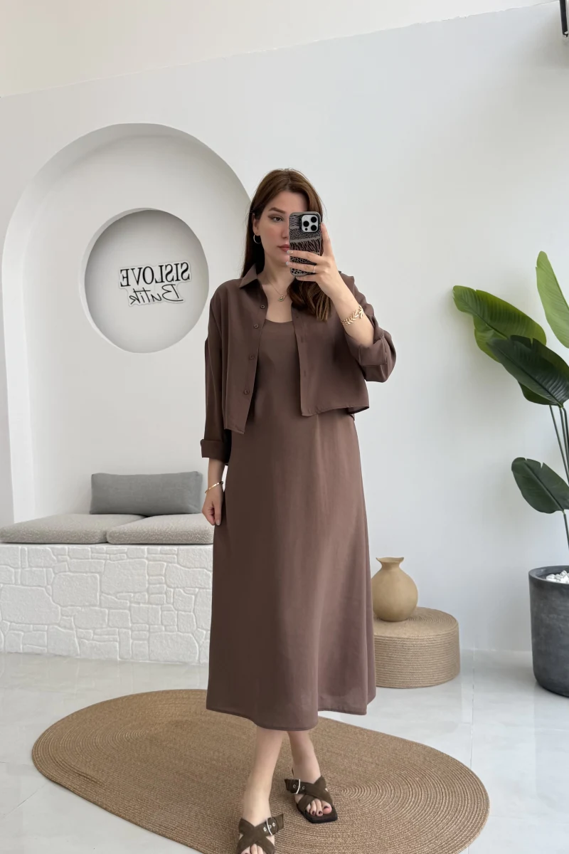 Askılı Gömlek Elbise Takım - 51153 - Kahve