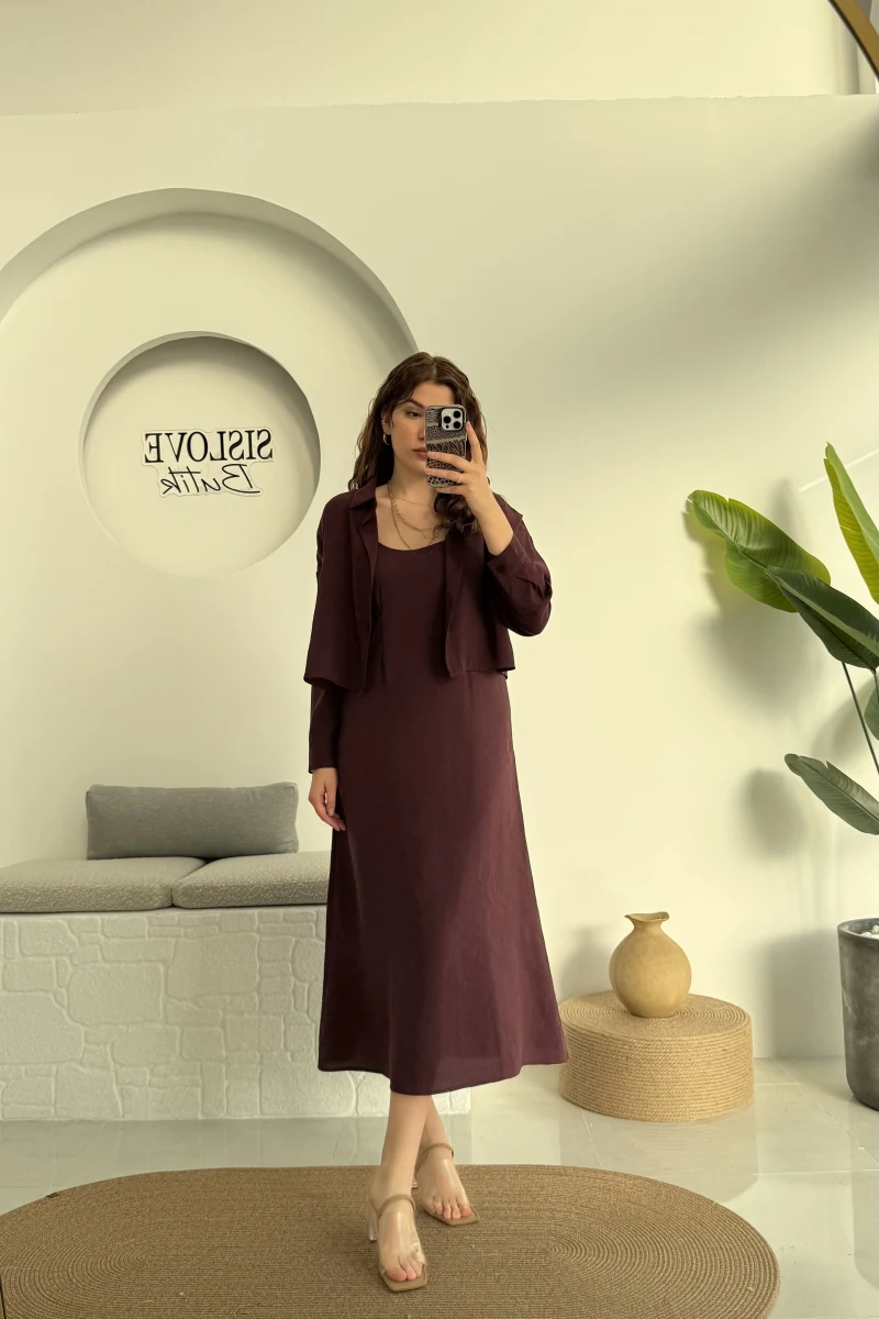 Askılı Gömlek Elbise Takım - 51153 - Mürdüm