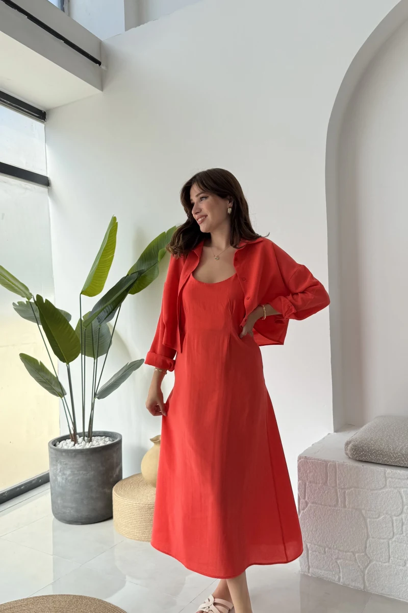 Askılı Gömlek Elbise Takım - 51153 - Nar Çiçeği