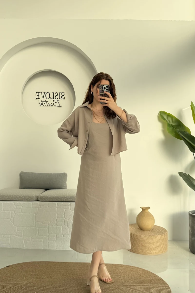 Askılı Gömlek Elbise Takım - 51153 - Vizon