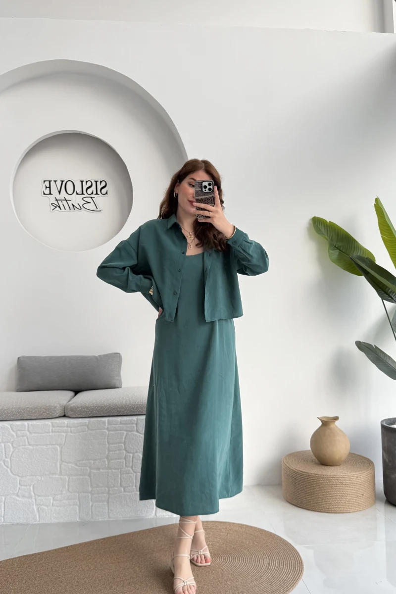 Askılı Gömlek Elbise Takım - 51153 - Zümrüt Yeşili