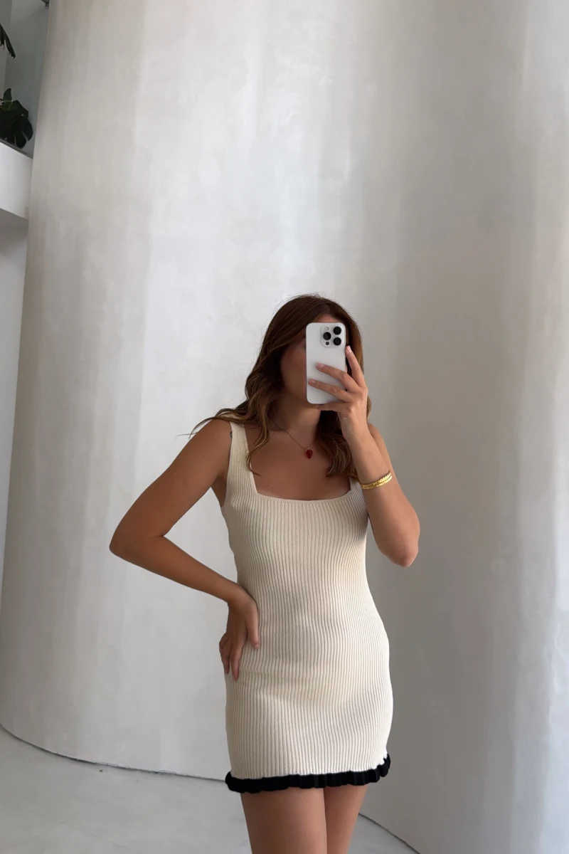 Askılı Mini Triko Elbise - Ekru