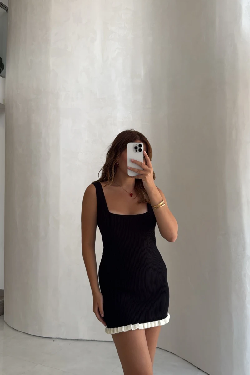 Askılı Mini Triko Elbise - Siyah