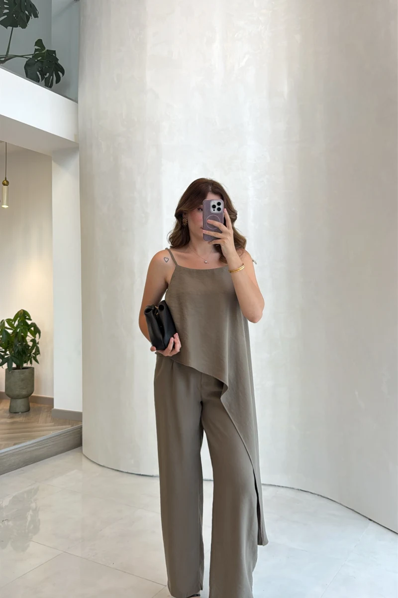 Askılı Modal Asimetrik Bluz-Pantolon Takım - Haki - Kod: 9191