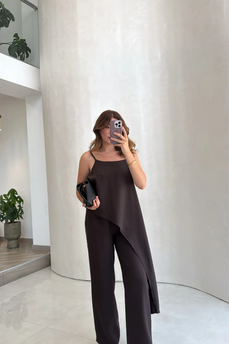 Askılı Modal Asimetrik Bluz-Pantolon Takım - Kahve - Kod: 9191