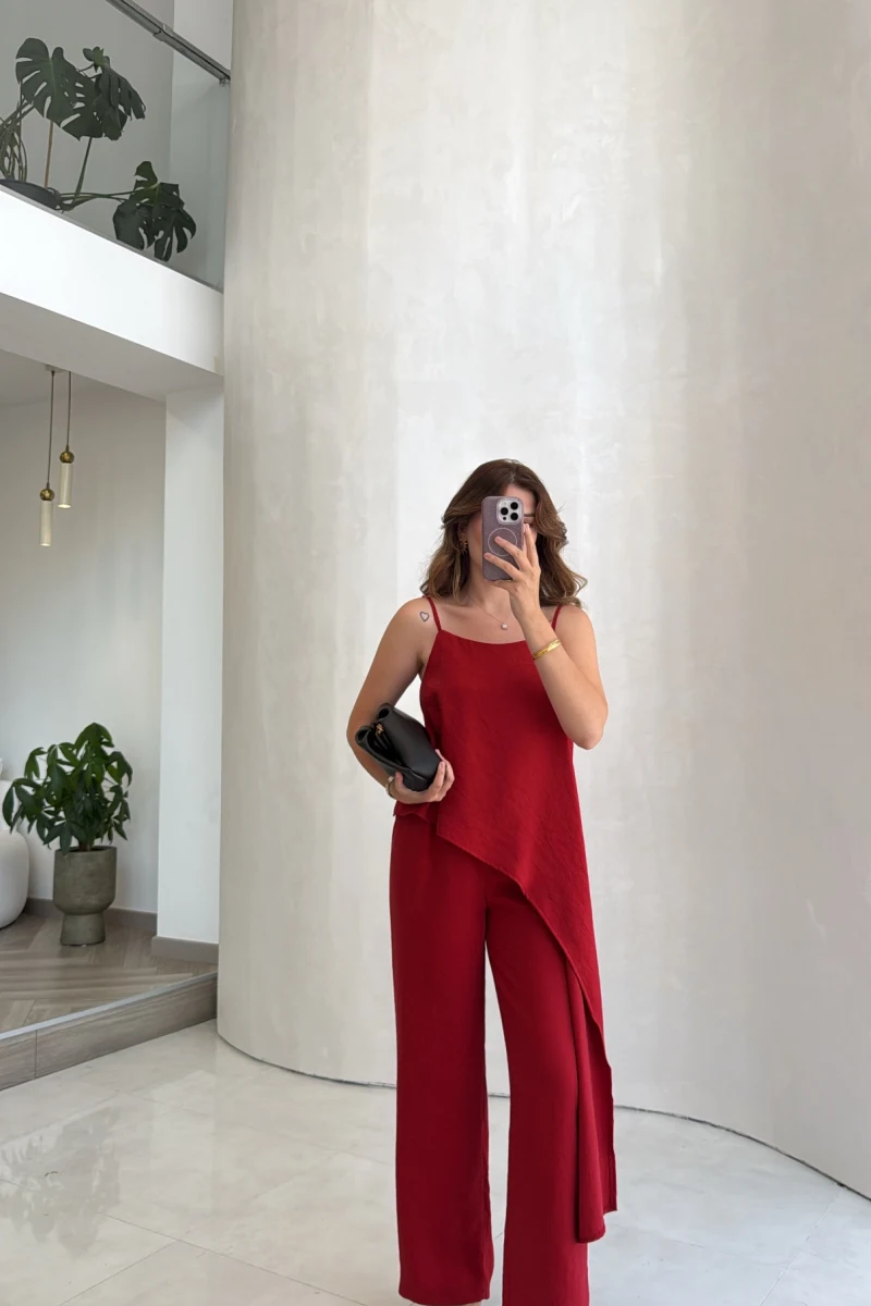 Askılı Modal Asimetrik Bluz-Pantolon Takım - Kırmızı - Kod: 9191