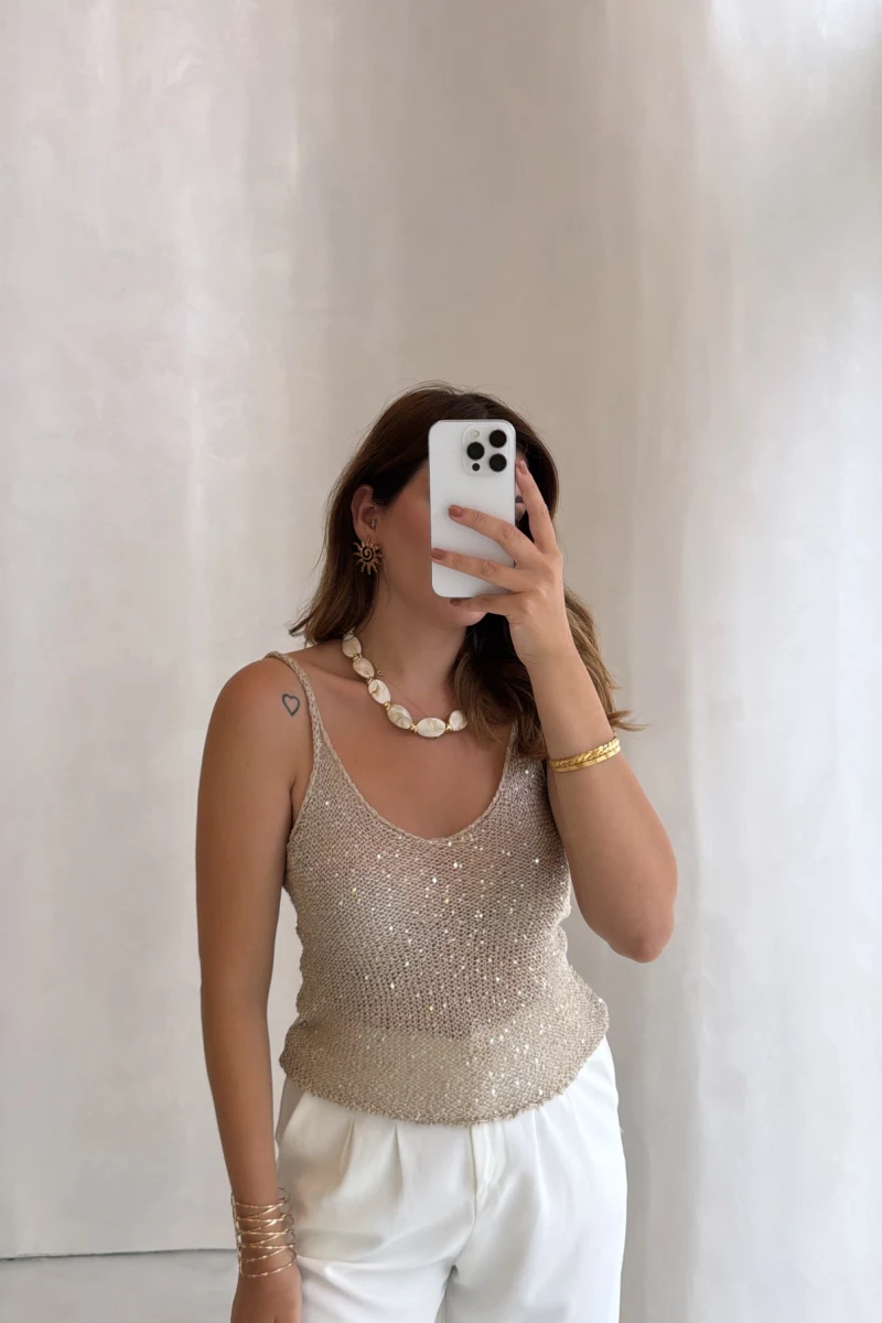 Askılı Pullu Bluz - Taş - Kod: 2778