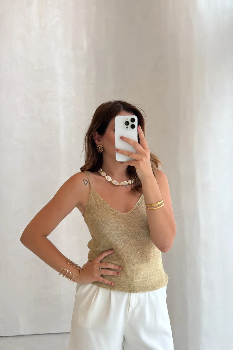 Askılı Simli Bluz - Gold - Kod: 2806