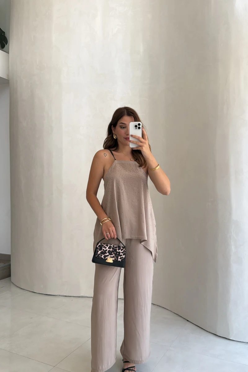 Askılı Taşlı Tulum - Bej - Kod: 3464